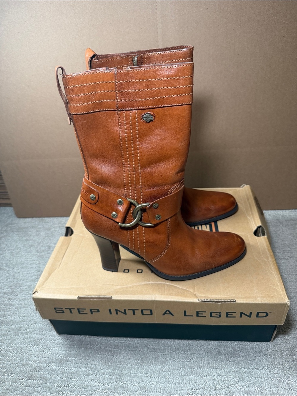 Harley-Davidson Women's Tan Leather Mid-Calf Heeled Boots with Buckle